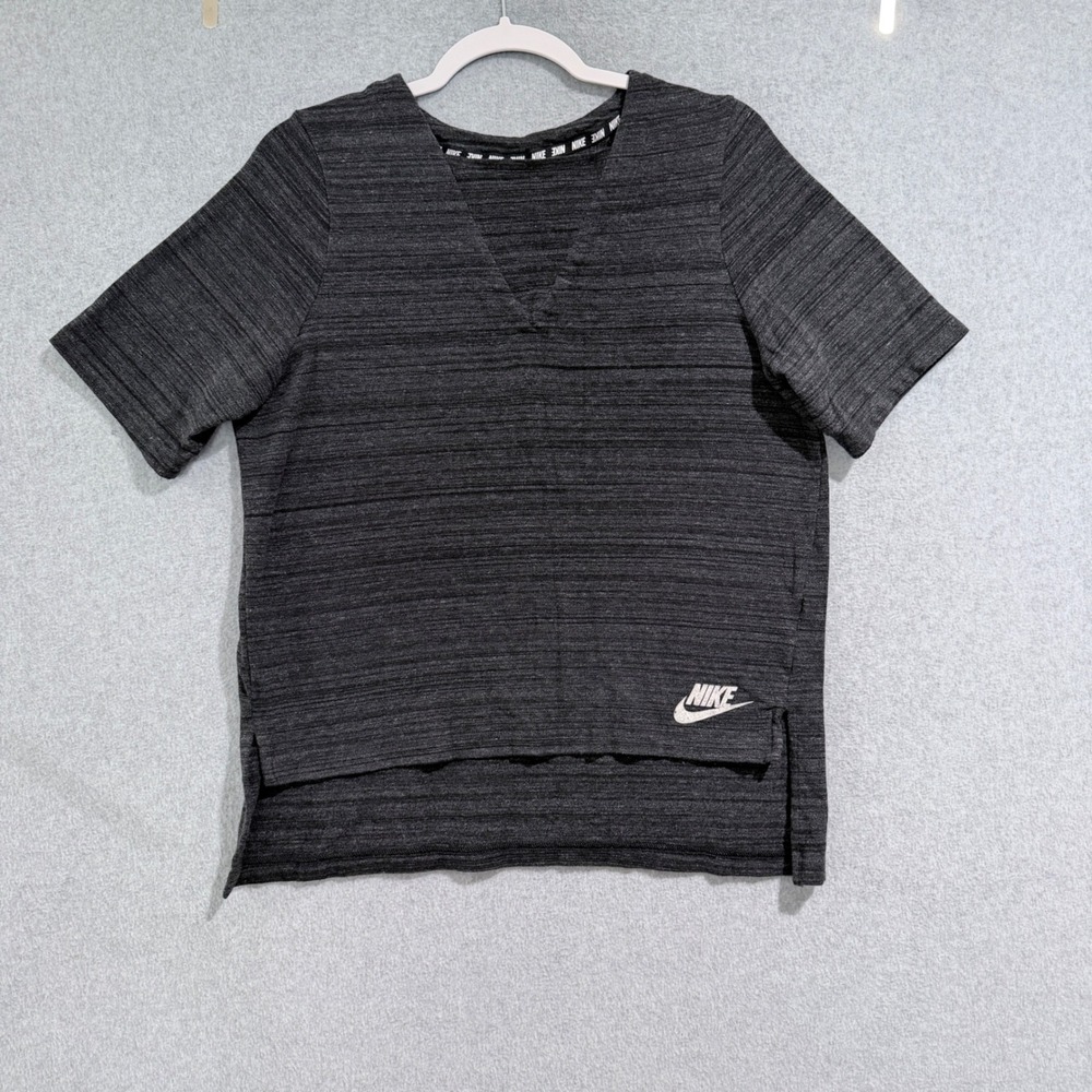 Nike Womens V-Neck Space Dye Short Sleeve Top Charcoal Grey High-Low Hem Medium